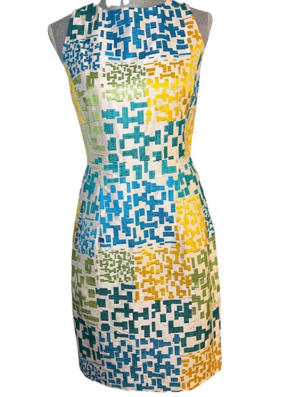 Vintage Carlisle color block Mosaic Sheath Dress - Blue, Green & Yellow, size 4